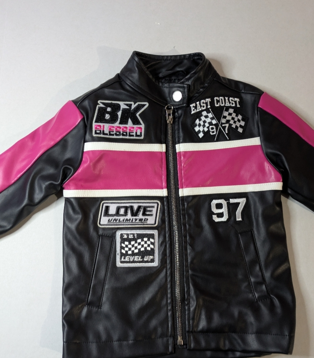 Girls Color Block Graphic Moto Jacket, Pink, Black Race Jacket Zip Pleather 2T